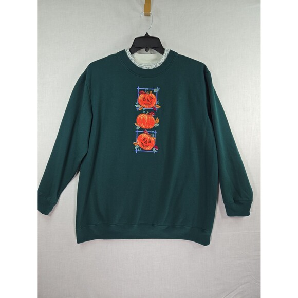 VTG Bobbie Brooks Pumpkins Embroidered Sweatshirt Mock Neck Green Women's Large - Picture 8 of 8